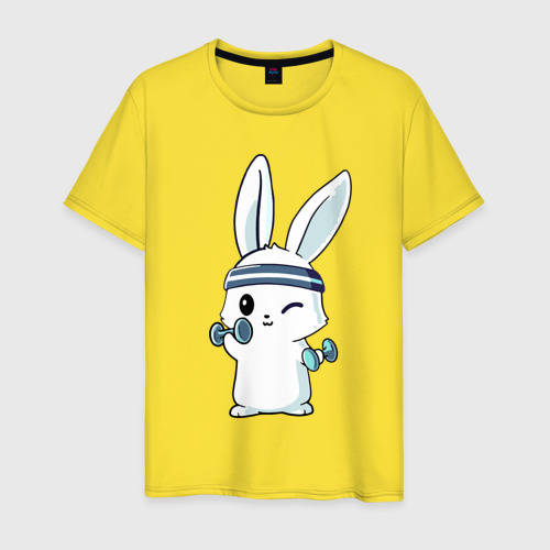 Мужская футболка хлопок Прикольный зайчишка пауэрлифтер, цвет желтый