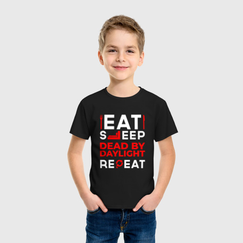 Детская футболка хлопок с принтом Надпись eat sleep Dead by Daylight repeat, фото на моделе #1