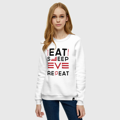 Женский свитшот хлопок с принтом Надпись: eat sleep EVE repeat, фото на моделе #1