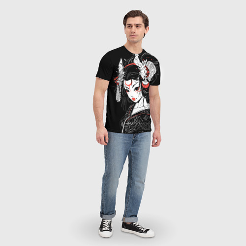 Мужская футболка 3D с принтом Гейша кошка, вид сбоку #3
