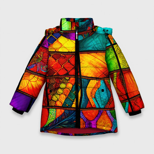 Зимняя куртка для девочек 3D Лоскутная мозаика - пэчворк, цвет красный