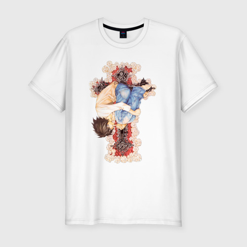 Мужская футболка хлопок Slim с принтом L из аниме Тетрадь смерти, вид спереди #2