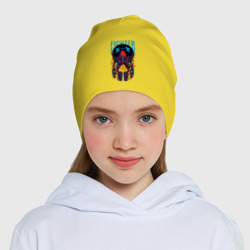 Шапка с принтом Авиатор в шлеме для ребенка, вид на модели спереди №4. Цвет основы: желтый