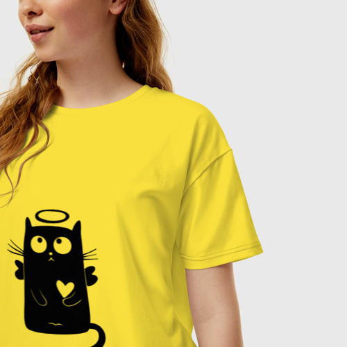 Женская футболка хлопок Oversize Котик ангелок, цвет желтый - фото 3