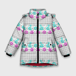 Цветочный узор бирюзово-розовый на сером клетчатом фоне  – Зимняя куртка для девочек 3D с принтом купить