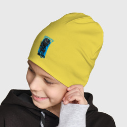 Шапка с принтом Пёс хоккеист для ребенка, вид на модели спереди №3. Цвет основы: желтый
