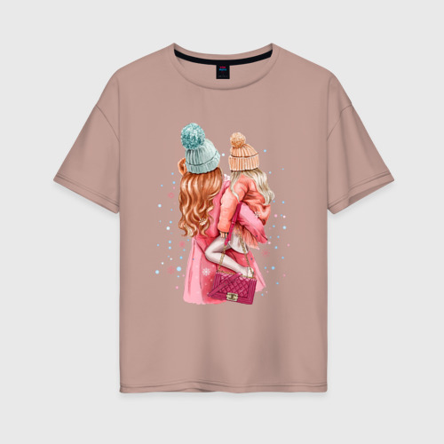 Женская футболка хлопок Oversize Мама и дочка, цвет пыльно-розовый