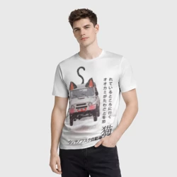 Мужская футболка 3D Прикол - неко кот внедорожник, иероглифы: идти туда, куда другие боятся - фото 2