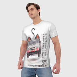 Мужская футболка 3D Прикол - неко кот внедорожник, иероглифы: идти туда, куда другие боятся - фото 2