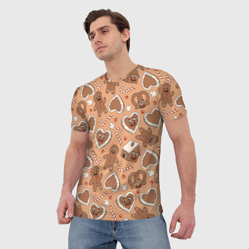 Мужская футболка 3D с принтом Новогодний паттерн с печеньем, фото на моделе #1