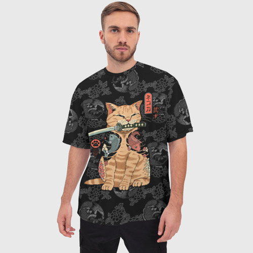 Мужская футболка oversize 3D Кот самурай - Якудза, цвет 3D печать - фото 3