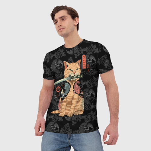 Мужская футболка 3D с принтом Кот самурай - Якудза, фото на моделе #1