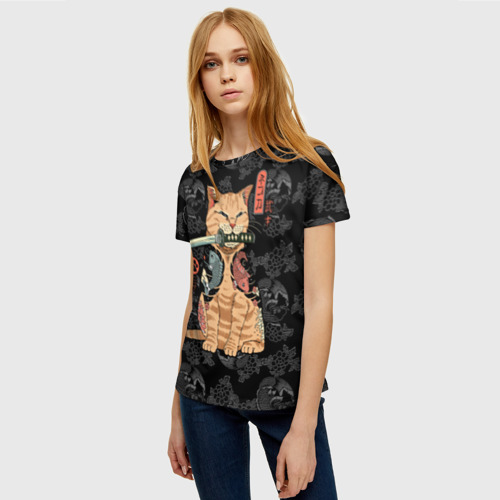 Женская футболка 3D с принтом Кот самурай - Якудза, фото на моделе #1