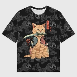 Мужская футболка oversize 3D Кот самурай - Якудза