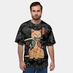 Мужская футболка oversize 3D Кот самурай - Якудза - фото 2