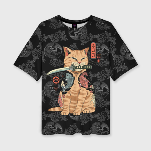 Женская футболка оверсайз с принтом Кот самурай — Якудза, вид спереди №1