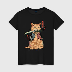 Женская футболка хлопок Кот самурай с вакидзаси