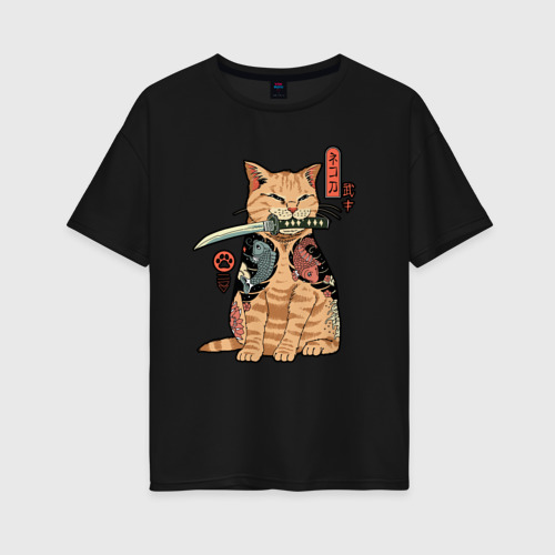 Женская футболка хлопок Oversize с принтом Кот самурай с вакидзаси, вид спереди #2