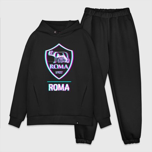Мужской костюм oversize хлопок с принтом Roma FC в стиле glitch, вид спереди #2