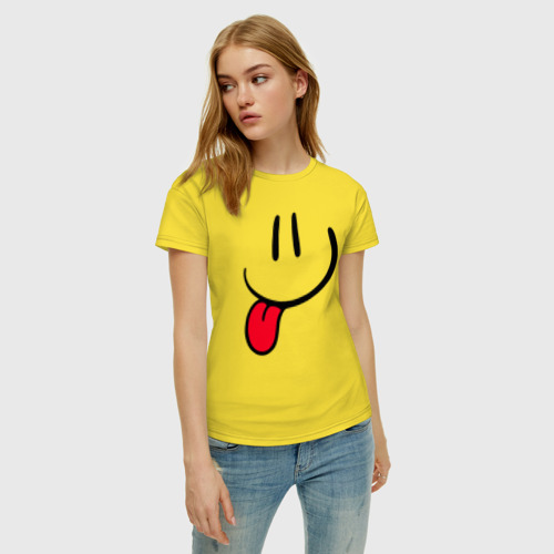 Женская футболка хлопок Смайлик - дразнится, цвет желтый - фото 3
