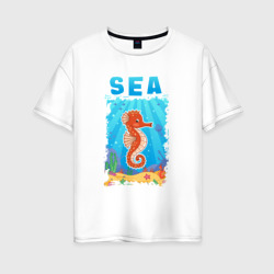Женская футболка хлопок Oversize Морской конек под водой