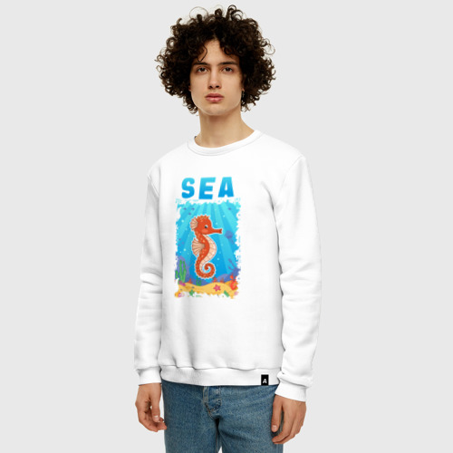 Мужской свитшот хлопок Морской конек под водой, цвет белый - фото 3