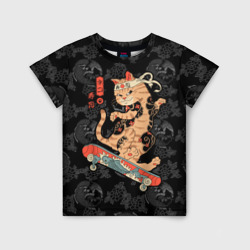 Детская футболка 3D Кот самурай на скейтборде