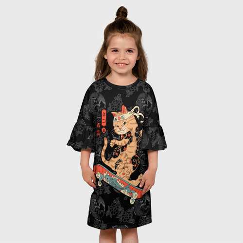 Детское платье 3D с принтом Кот самурай на скейтборде, вид сбоку #3