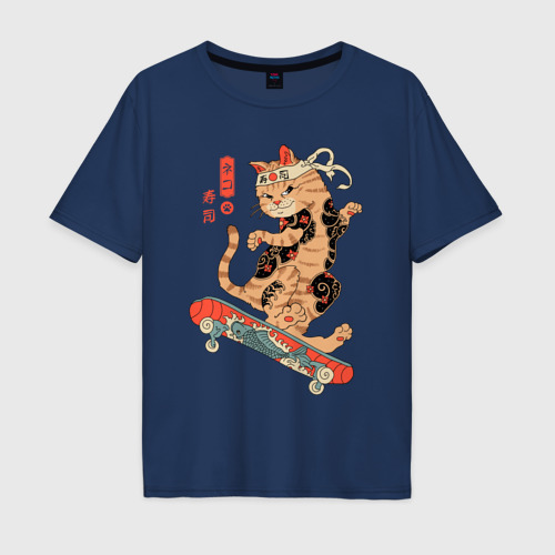 Мужская футболка из хлопка оверсайз с принтом Кот самурай скейтбордист, вид спереди №1