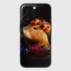 Чехол для iPhone 16 Pro силиконовый с защитой камеры Капибара с цветами