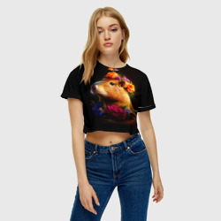 Женская футболка Crop-top 3D Капибара с цветами - фото 2