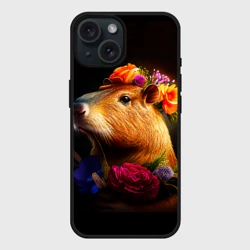 Чехол силиконовый для Apple iPhone 15 матовый Капибара с цветами