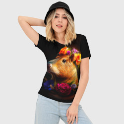 Женская футболка 3D Slim Капибара с цветами - фото 2