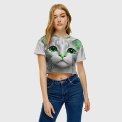 Женская футболка Crop-top 3D Серый кот с зелёным носом - текстура - фото 2