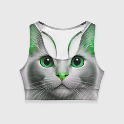 Женский спортивный топ 3D Серый кот с зелёным носом - текстура