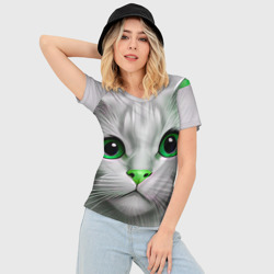 Женская футболка 3D Slim Серый кот с зелёным носом - текстура - фото 2