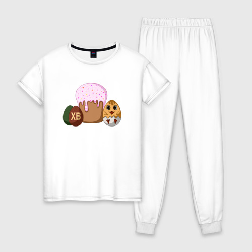 Женская пижама хлопок с принтом Пасхальный кулич и цыпленок, вид спереди #2
