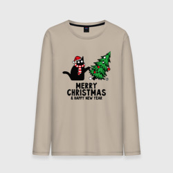 Мужской лонгслив хлопок Кот роняет новогоднюю ёлку