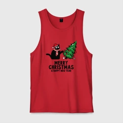 Мужская майка хлопок Кот роняет новогоднюю ёлку