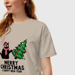 Женская футболка хлопок Oversize Кот роняет новогоднюю ёлку - фото 2