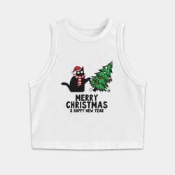 Женская укороченная майка-топ хлопок Кот роняет новогоднюю ёлку