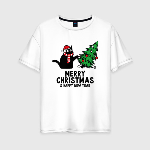 Женская футболка из хлопка оверсайз с принтом Кот роняет новогоднюю ёлку, вид спереди №1
