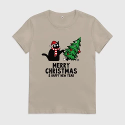 Женская футболка хлопок Кот роняет новогоднюю ёлку