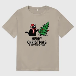 Мужская футболка хлопок Oversize Кот роняет новогоднюю ёлку