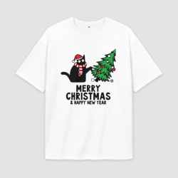 Женская футболка Oversize хлопок premium Кот роняет новогоднюю ёлку