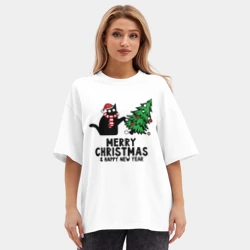 Женская футболка Oversize хлопок premium Кот роняет новогоднюю ёлку - фото 2