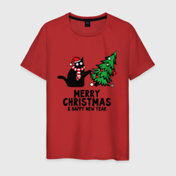 Мужская футболка хлопок Кот роняет новогоднюю ёлку