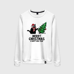 Женский свитшот хлопок Кот роняет новогоднюю ёлку
