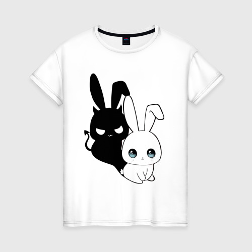 Женская футболка из хлопка с принтом Милый кролик — ангелочек или дьяволёнок?, вид спереди №1