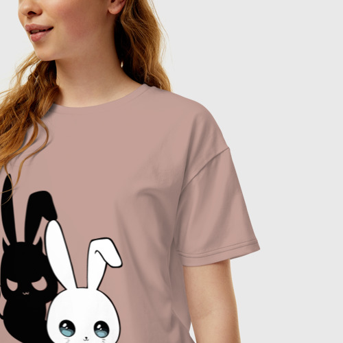 Женская футболка хлопок Oversize с принтом Милый кролик - ангелочек или дьяволёнок?, фото на моделе #1